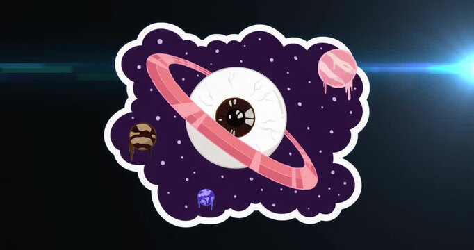 On start eyeball-planet floating in space with orbiting pink ring, glows enhancing cosmic flair