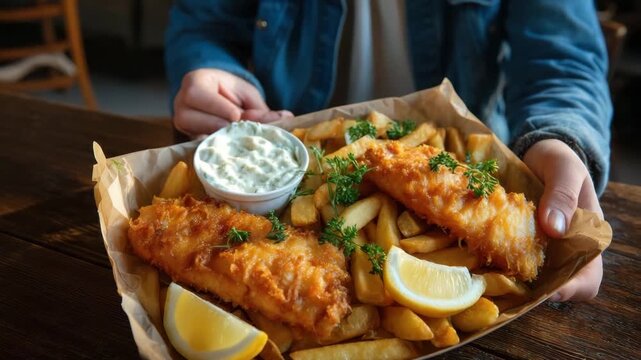 Enjoying classic fish and chips with fresh lemon and dipping sauce