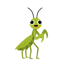 Cute green praying mantis cartoon vector with smiling face and wings, isolated on white background, perfect for children’s education and nature design