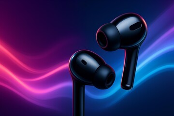 Experience Immersive Audio with Sleek Wireless Earbuds against a Mesmerizing Neon Background for a Dynamic Listening Experience