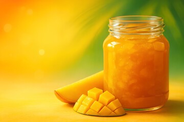 Homemade mango jam in a jar with fresh mango slices for a delicious tropical breakfast or vibrant dessert, perfect for summer promotions