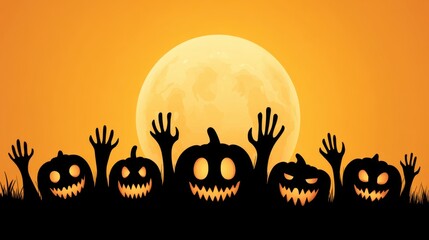 Creepy Halloween Pumpkin Silhouettes Against a Full Moon with Eerie Orange Sky