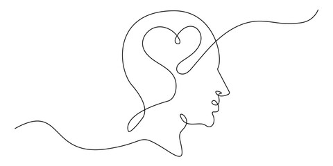Continuous line drawing of a human head with a heart inside, symbolizing love, emotional intelligence, mindfulness, compassion, psychology, mental health, care, and positive thinking