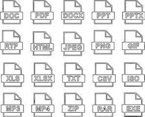 file, format, icon, document, technology, data, digital, symbol, design, graphic, collection, set, outline, black and white, doc, pdf, docx, ppt, pptx, rtf, html, jpeg, png, gif, xls, xlsx, txt, csv, 