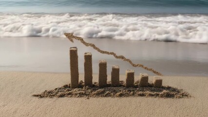 Sandy bar chart resting on the beach shows growth trends at sunset - Powered by Adobe