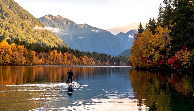 Autumn lake scene with paddler