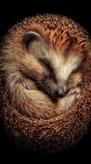 Sleeping hedgehog curled up in a cozy ball against a dark background