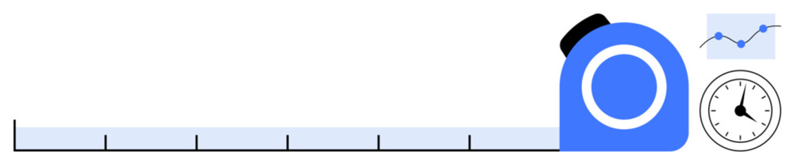 Blue measurement tape, analog clock, and upward-trending chart illustrating precision, planning, and growth. Ideal for progress tracking, time management, strategy, efficiency business goal