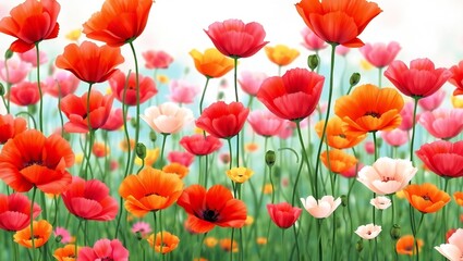 Fototapeta premium Vibrant field of blooming red orange and pink poppies in soft focus