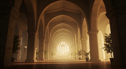 Majestic Grand Hallway Illuminated by Golden Sunlight Creating an Inviting Ambiance of Warmth