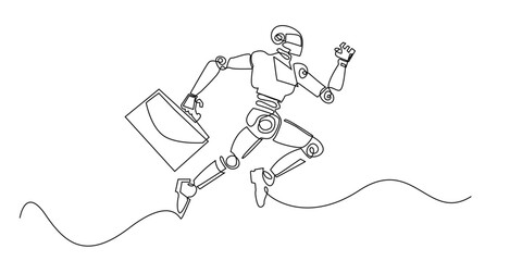 Continuous line robot running with briefcase, futuristic one line drawing symbolizing business, technology, and innovation, perfect for startup, digital transformation, and creative design projects.