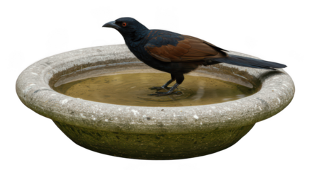 Black and brown bird on stone birdbath isolated on transparent PNG background