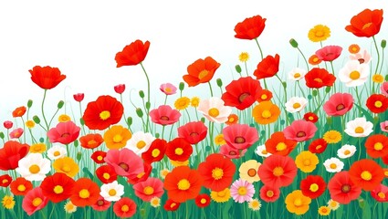 Obraz premium Vibrant field of red orange and yellow poppies with green stems