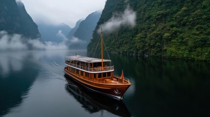 Majestic Wooden Cruise Ship Sailing on Tranquil Waters Amidst Foggy Mountains