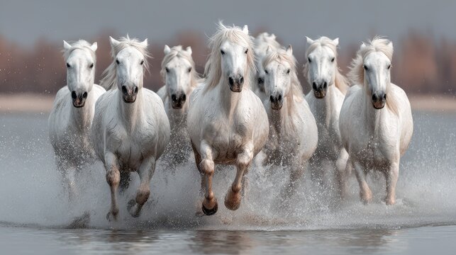 White horses galloping through shallow water in an open landscape during the golden hour at sunset - Powered by Adobe