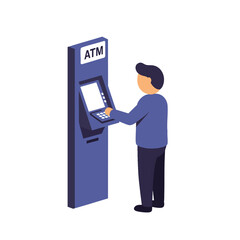 Isometric vector illustration of a man using an ATM for a financial transaction.