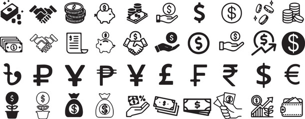 finance, money, currency, icon, symbol, dollar, euro, pound, yen, rupee, taka, ruble, piggy bank, coins, cash, banknotes, wallet, growth, investment, savings, banking, handshake, contract, business, t