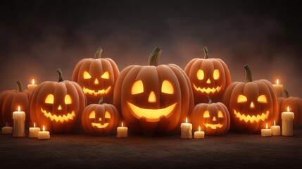 Fototapeta premium Spooky Halloween Pumpkins with Candles Creating a Festive Atmosphere for Autumn Celebrations and Haunted Gatherings