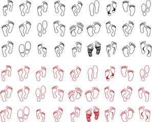foot, footprint, feet, sole, toe, heel, human, walking, step, track, impression, outline, silhouette, icon, symbol, graphic, design element, black, red, collection, set, isolated, white background, il