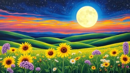 Fototapeta premium Vibrant field of sunflowers and wildflowers under a full moon and starry sky