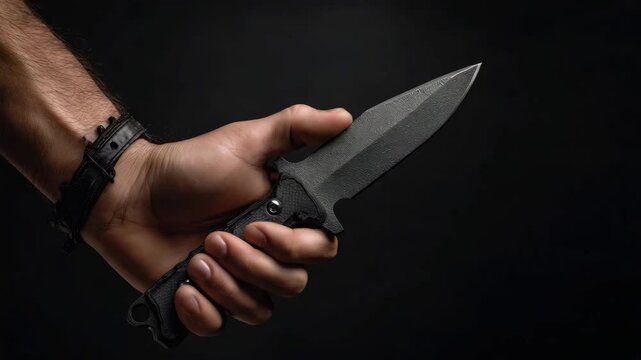 Hand gripping a sleek tactical knife in low light setting