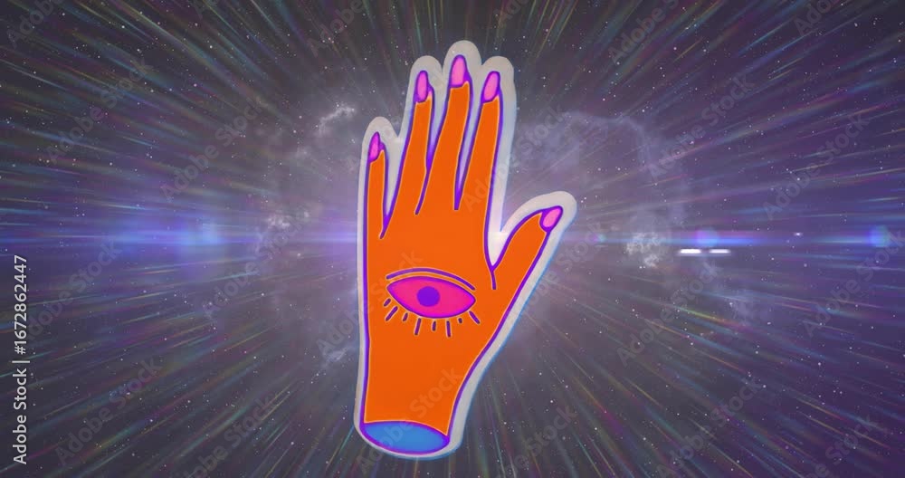 Poster converging star streaks causing red glove fading in pulsing and bobbing highlighting cosmic theme