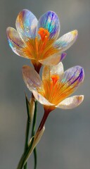 Two iridescent crocuses, vibrant orange and blue hues, stand tall against a muted grey backdrop