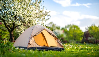 Tranquil camping scene beneath blossoming tree capturing outdoor adventure spirit