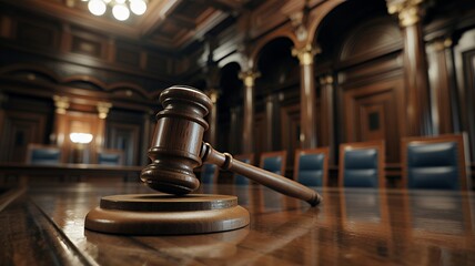 Symbol of Justice Judges Gavel in Courtroom