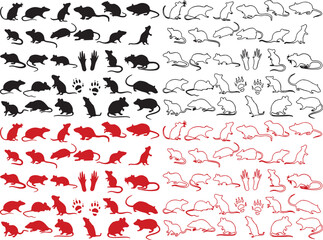 rat, mouse, rodent, animal, silhouette, outline, illustration, drawing, graphic, design, element, collection, set, paw print, footprint, running, standing, walking, black, red, white, vector, icon, na © Baizid