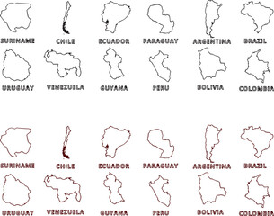 south america, country outline, map outline, geography, cartography, nation shape, political map, latin america, continent map, suriname, chile, ecuador, paraguay, argentina, brazil, uruguay, venezuel