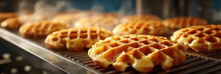 Freshly cooked waffles being prepared in a kitchen during breakfast service, showcasing golden-brown color and steam rising
