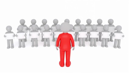 A visionary leader in red inspires a crowd, standing out amidst a sea of gray figures, symbolizing guidance and direction.