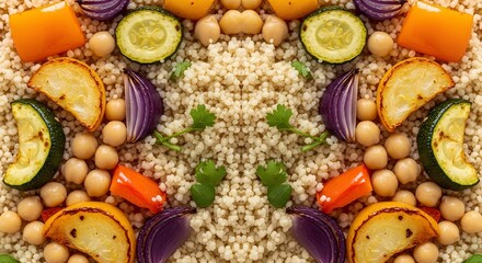 Couscous with chickpeas and roasted vegetables, fine grain, top symmetry
