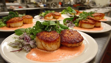Pan-seared scallops served with a vibrant sauce and mixed greens