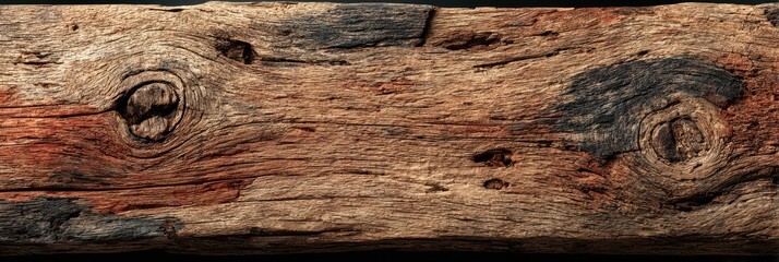 Naklejka premium Detailed close-up of weathered wood with unique textures and patterns highlighting natural aging process