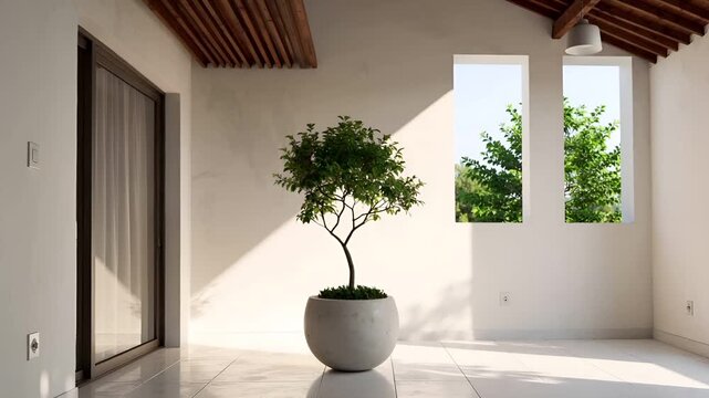 白い石の床が美しいバルコニーに、小さな樹木を植えたラウンドポットが配置されています。木漏れ日の光が葉を透かして差し込み、柔らかな影を床に描きます。