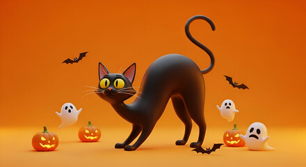 Black Cat Halloween Decorations with Pumpkins Ghosts and Bats on Orange Background