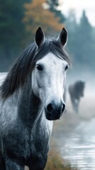 Fototapeta premium Majestic gray horse stands in misty setting with another horse in the background during early morning hours in tranquil landscape
