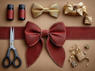 Basic Wrapping Materials Arrangement on Brown Paper Background - Gold Ribbon, Red Bow Tie, Scissors & Small Wrapped Gifts (Gift Wrap Theme)