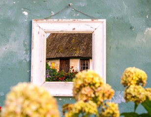 Rustic Cottage View Framed by Flowers and Vintage Charm.