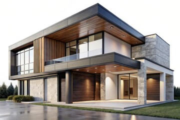 Modern luxury residence with stone and wood facade and large windows isolated on white background