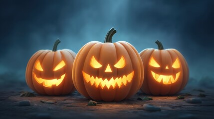 Spooky Halloween Pumpkins with Eerie Grins Illuminated Against a Dark Misty Background