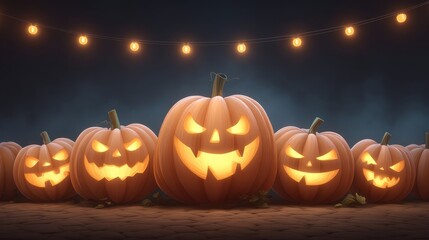 Fototapeta premium Spooky Halloween Pumpkins with Jack-o'-Lantern Faces Illuminated in a Dark Atmosphere