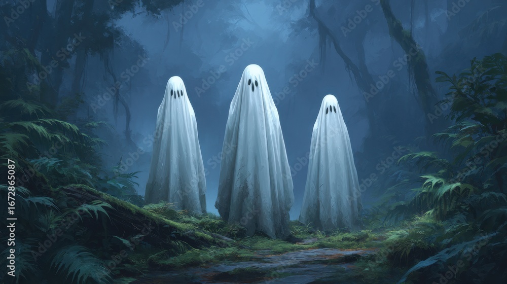 Poster mysterious ghostly figures in a misty forest surrounded by lush greenery and enigmatic shadows