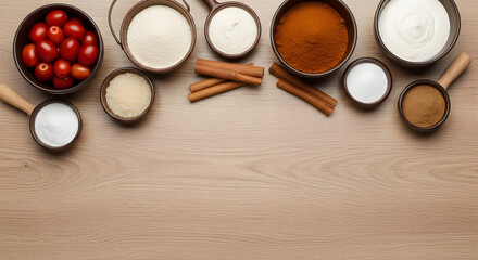 Obraz premium Arrangement of culinary ingredients on a wood surface creates a kitchen still life emphasizing organic elements and warm hues, ideal for showcasing culinary inspiration and healthy eating concept