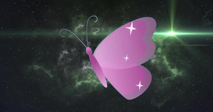 Green light streak appearing from right sweeping over pink-purple butterfly, producing lens-flare