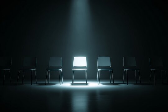 A single office chair is spotlighted among identical chairs, symbolizing leadership and recruitment.