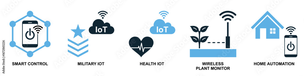 Poster set internet of things icon vector for smart devices, interconnected networks, and data exchange. us