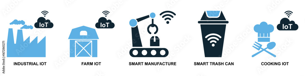 Poster set internet of things icon vector for smart devices, interconnected networks, and data exchange. us